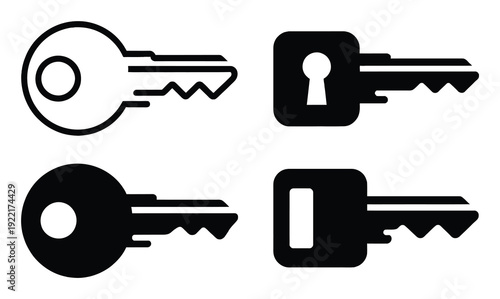 Set of Four Stylized Key Outline, Keyhole, Solid, and Rectangular
