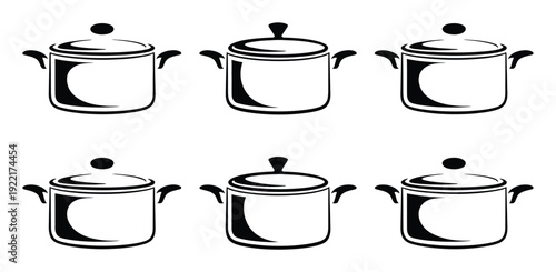 Six black and white of cooking pots arranged in two rows