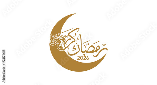 A golden crescent moon design features ornate arabic calligraphy and the year 2026 symbolizing ramadan high quality professional