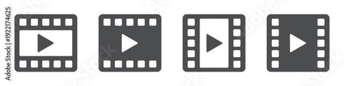 Four film strip icons with play button symbol, symbolizing video and media playback