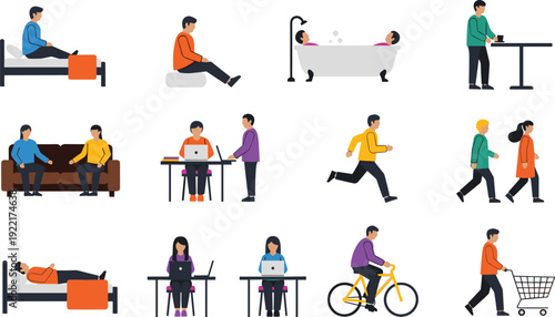 Daily life routine people vector set, activities, working, walking, sleeping, bathing, flat illustration, character, collection, design