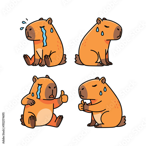 Capybara cartoon character showing emotions from sadness to happiness with thumbs up