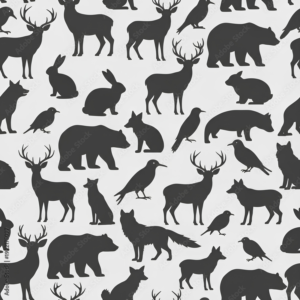Obraz premium Seamless Pattern of Diverse Wildlife Silhouettes in Various Poses 1.