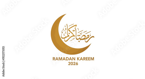 A golden crescent moon with Arabic calligraphy and the text Ramadan Kareem 2026 displayed prominently high quality professional