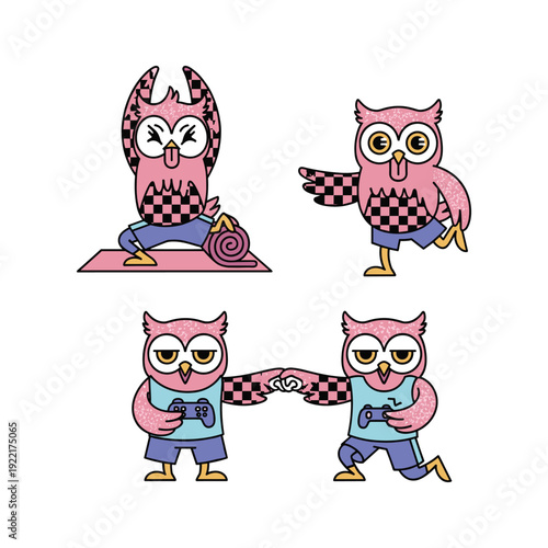 Cartoon owls practicing yoga and playing video games in a fun and playful style