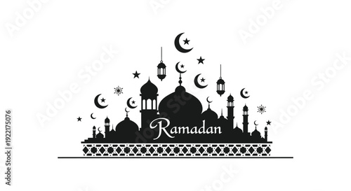 A decorative black silhouette depicts a ramadan scene with a mosque crescent moons and lanterns high quality professional