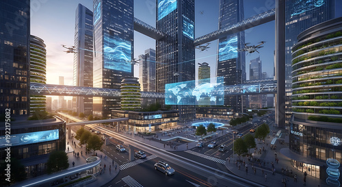 Futuristic cityscape with flying vehicles, interconnected structures, and holographic displays, showcasing advanced urban technology.