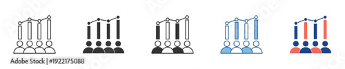 Vector icons for population growth, audience development, and business success. Depict human figures with upward trending bar charts, symbolizing statistics and performance