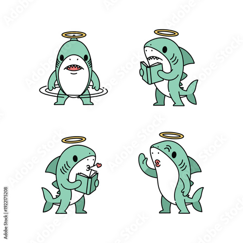 Cute cartoon sharks with halos in various poses on white background