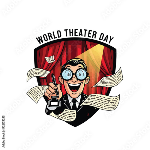 World Theater Day Cartoon Cheerful Writer with Ink and Script