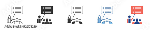 Set of icons illustrating a speaker delivering a presentation or lecture to a small group, symbolizing business meetings, training, and educational communication
