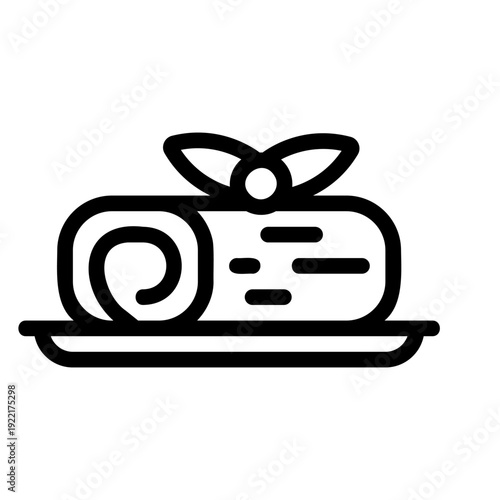 A clean line art icon depicting a delicious swiss roll cake served on a plate with a decorative element. Ideal for food, bakery, and dessert-related design projects and menus.