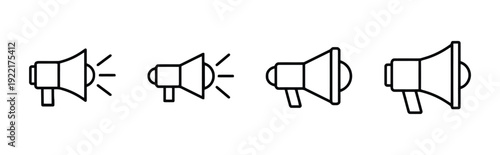 Four megaphone icons in outline style with sound wave symbols