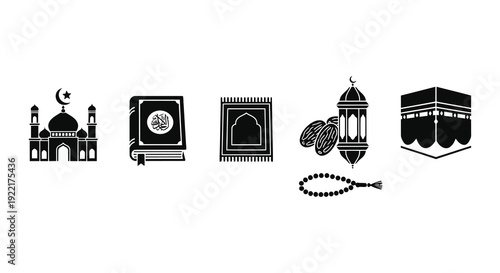 A collection of black silhouette icons representing islamic religious symbols and elements of faith high quality professional detailed