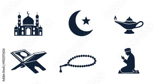 An assortment of islamic symbols is displayed including a mosque crescent moon and prayer elements high quality professional