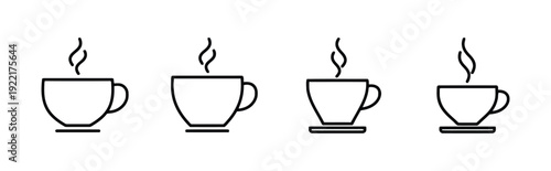 Four steaming coffee cup icons with saucers and handles