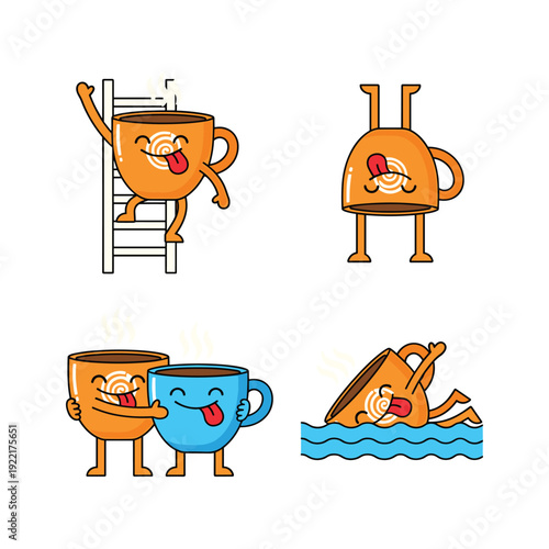 Cartoon coffee cups having fun and playing together in a playful and humorous style