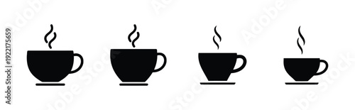 Four steaming coffee cups or tea cups in black, icon set on white background