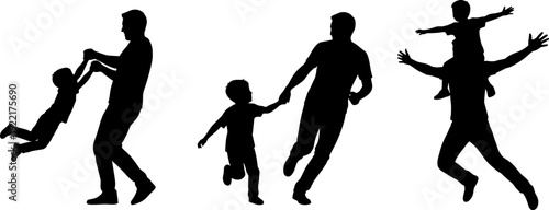 Father and child silhouettes collection, dad playing carrying son, happy family parenting silhouette isolated illustration set design