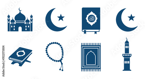 A collection of islamic symbols and religious icons including a mosque quran crescent moon and prayer beads