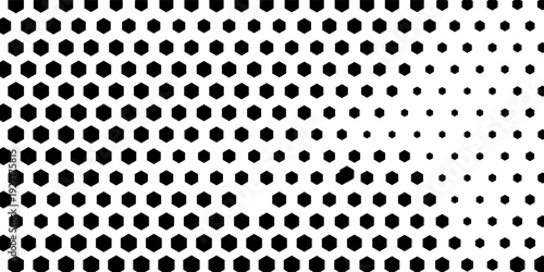 Hexagon halftone gradient texture. Abstract black grunge background. Geometric retro halftone tech overlay. Fading wavy hexagonal pattern backdrop. Vector wallpaper