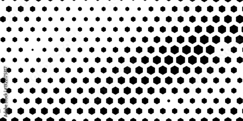 Hexagon halftone gradient texture. Abstract black grunge background. Geometric retro halftone tech overlay. Fading wavy hexagonal pattern backdrop. Vector wallpaper