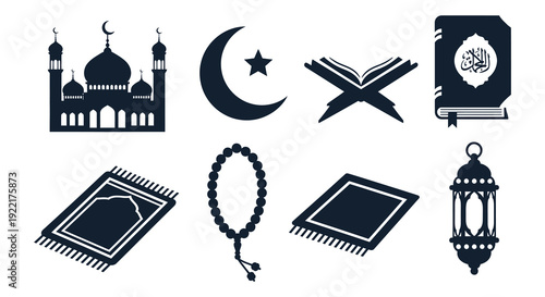 Islamic symbols and elements including a mosque crescent moon star quran and prayer rug high quality professional detailed