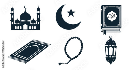 A collection of islamic symbols including a mosque crescent moon quran prayer rug and prayer beads high quality