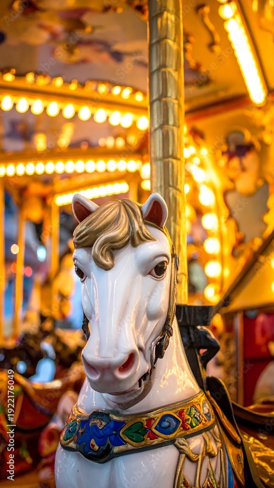 Fototapeta premium A white horse on a merry-go-round