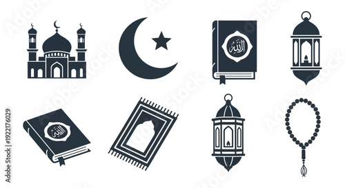 A collection of islamic symbols including a mosque crescent moon quran and prayer rug high quality professional detailed