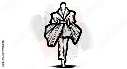 Fashion illustration of a model wearing a dramatic oversized coat and trousers.