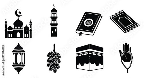 A collection of black islamic symbols including a mosque quran prayer rug and kaaba high quality professional detailed