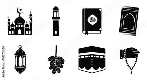A collection of black islamic symbols including mosques the kaaba a quran and prayer items high quality professional