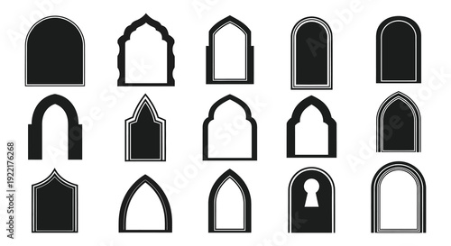 A collection of diverse black and white arched window and doorway shapes are presented in a grid layout