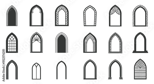 A collection of gothic and pointed arch window designs presented in a monochromatic style high quality professional detailed