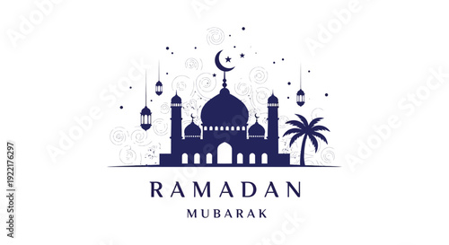 A stylized illustration depicts a mosque crescent moon and lanterns for the islamic ramadan mubarak celebration high quality