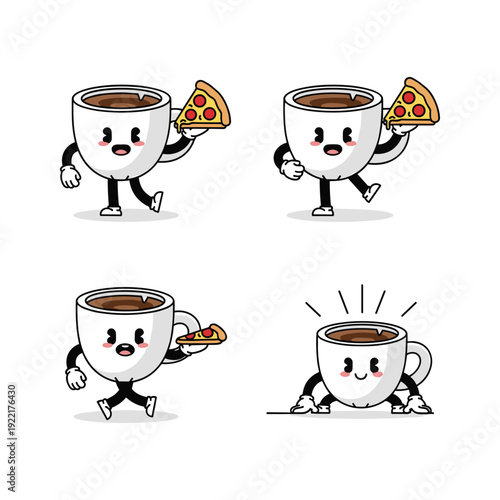 Cartoon coffee cup character with pizza slice in various poses and emotions