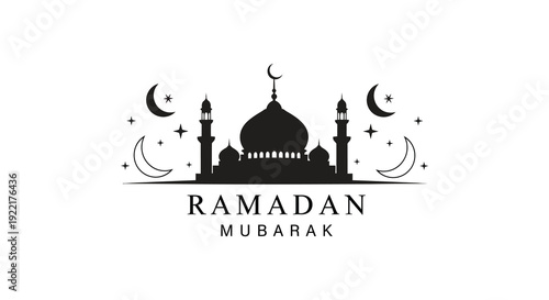 A stylized black silhouette depicts a mosque crescent moons and stars with the text Ramadan Mubarak high quality