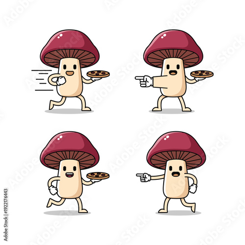 Cartoon mushroom characters in various dynamic poses with gestures and expressions