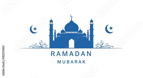 An elegant blue illustration depicts a mosque with crescent moons and the text ramadan mubarak high quality professional