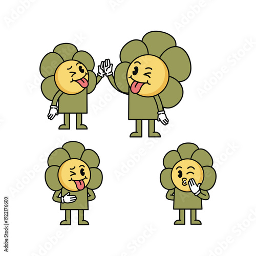 Cartoon flowers showing different emotions and interactions with copy space