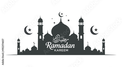 A striking black silhouette depicts a mosque with crescent moons and the arabic calligraphy for ramadan kareem