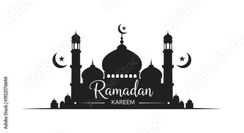 A striking black silhouette displays a mosque and crescent moons with the word Ramadan Kareem elegantly inscribed