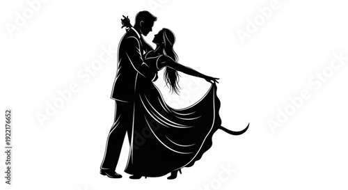 Silhouette of romantic couple dancing together in elegant formal attire on white background