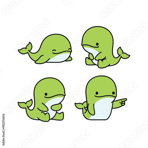 Cartoon whales set with different gestures on white background