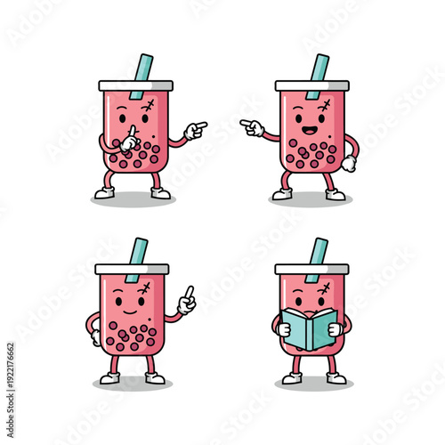 Cartoon bubble tea character set with different gestures and expressions