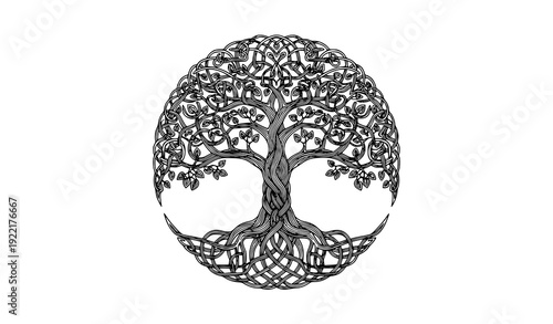 Elegant Celtic Knot Tree of Life Silhouette with Interwoven Roots and Branches Vector Design