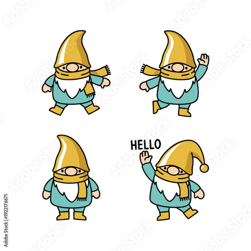 Cartoon Gnomes with Different Gestures and Expressions Hello