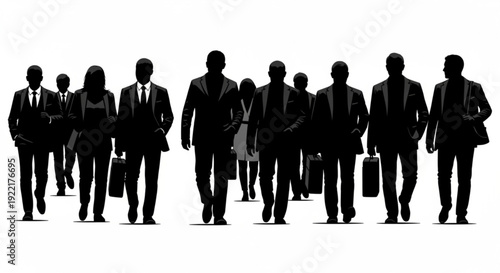 Silhouettes of business professionals walking in a group formal attire briefcases urban commute