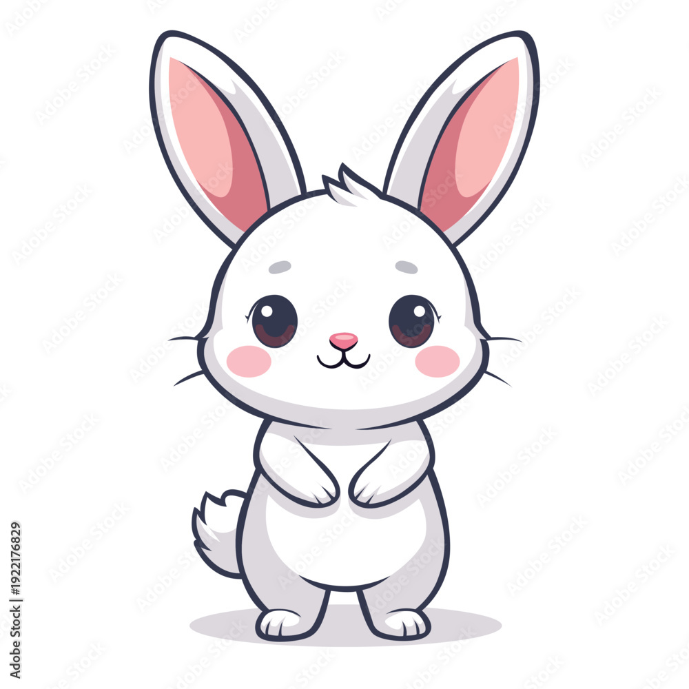 Obraz premium A cute, cartoon-style white bunny with long ears and rosy cheeks stands with its paws together, conveying an innocent and playful mood against a clean white background